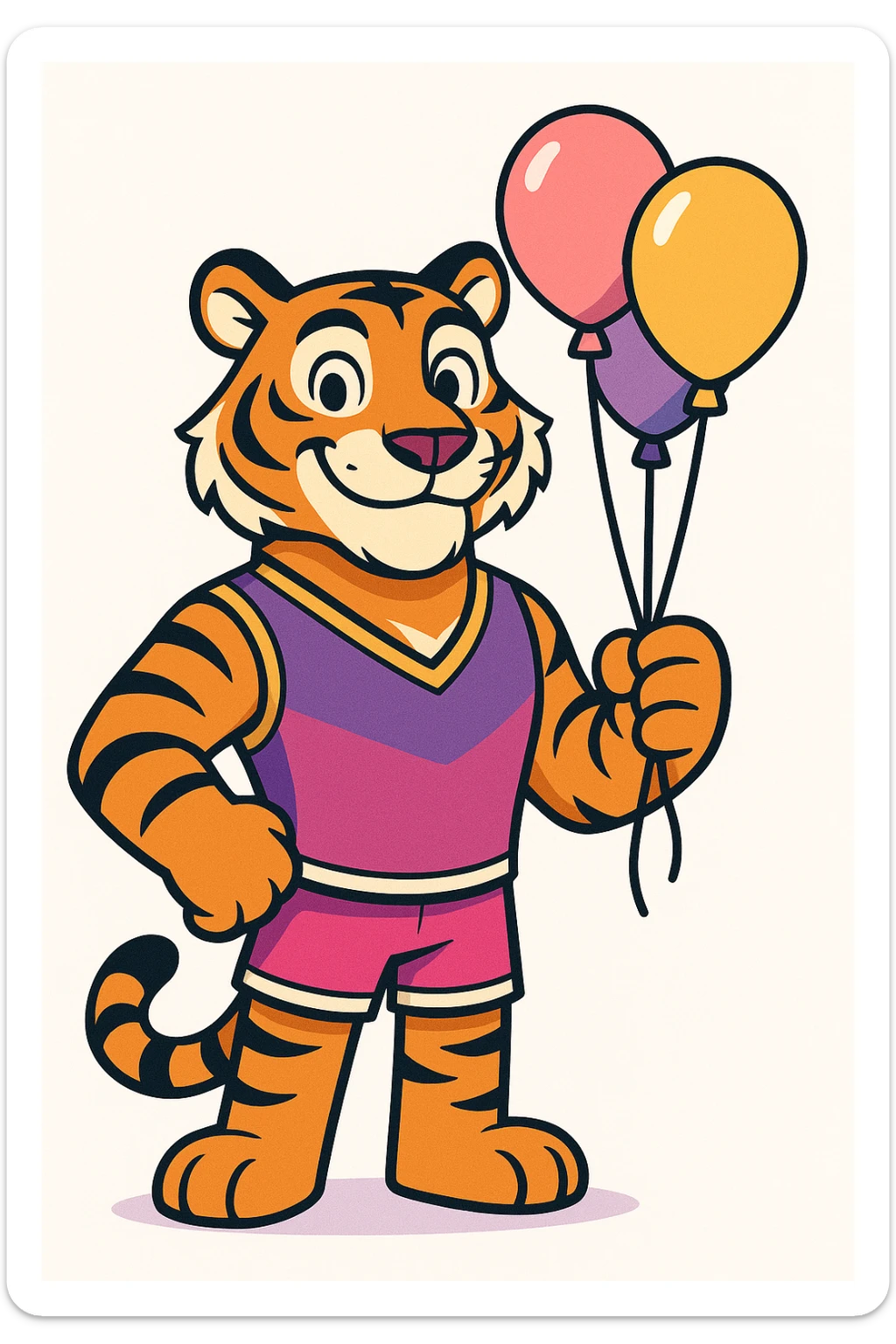 cartoon-style male tiger mascot standing upright smiling confidently with big eyes and a friendly expression wearing a purple and fuchsia vest or t-shirt holding party balloons in one hand clean modern colorful style with bold outlines and smooth shading color palette purple to fuchsia gradient gold accents white details energetic and fun perfect for a party and event company plain white background sticker