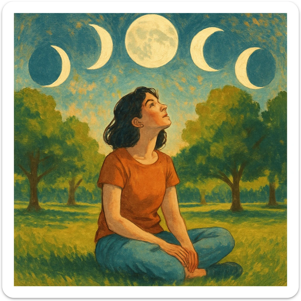 artistic illustration of a woman sitting on the grass in a park, looking up, surrounded by the moons of the 4 phases sticker