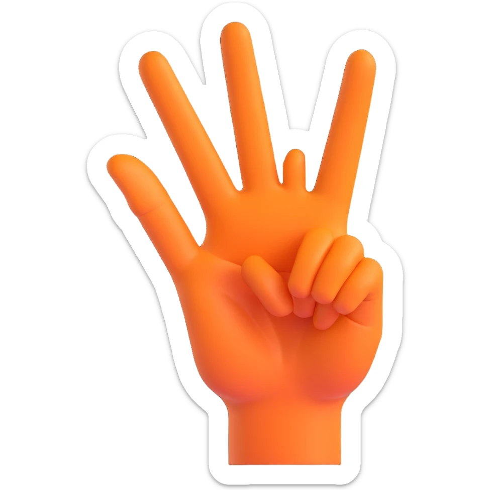 mano haciendo el signo de la paz con la palma hacia adentro al revés, estilo 3D sticker