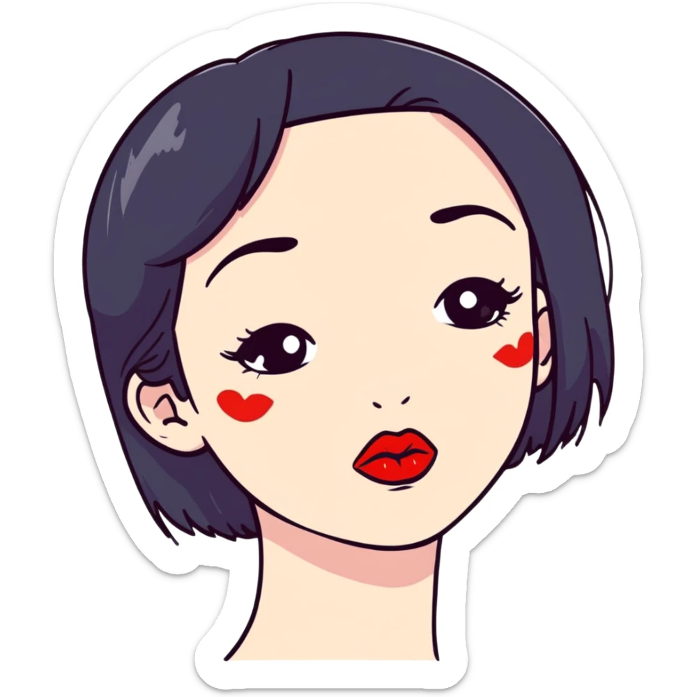 Cute girl with black hair and red lipstick kiss marks on her face sticker
