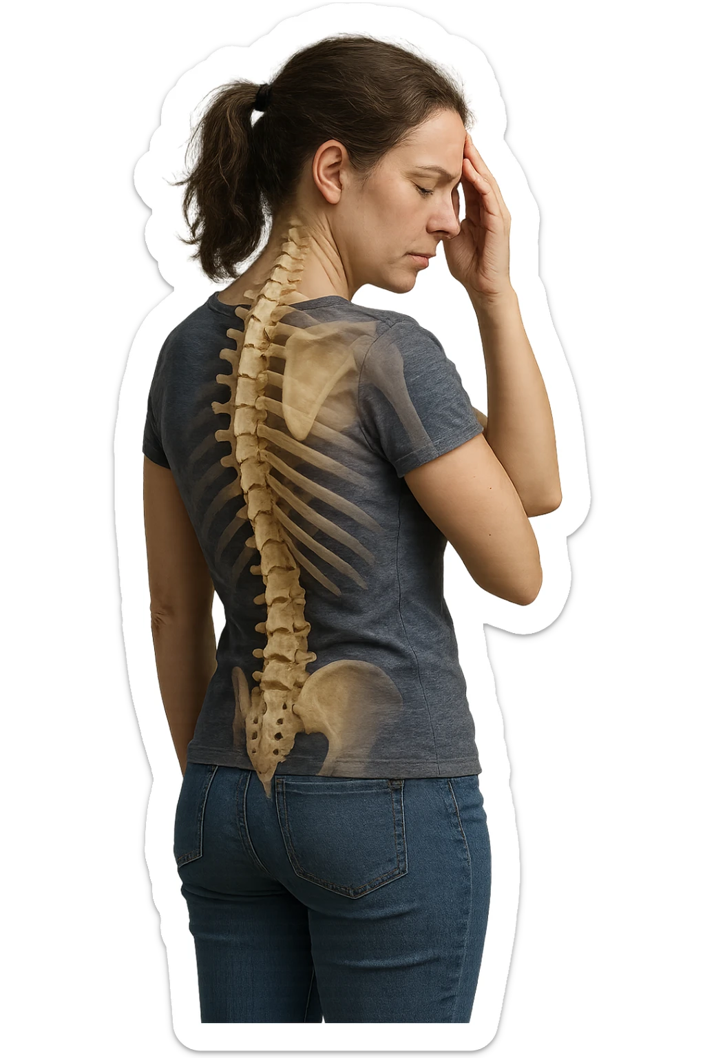 donna stanca a figura intera che si tiene una mano sulla tempia con spina dorsale anatomica visibile, iperrealistico 4k sticker