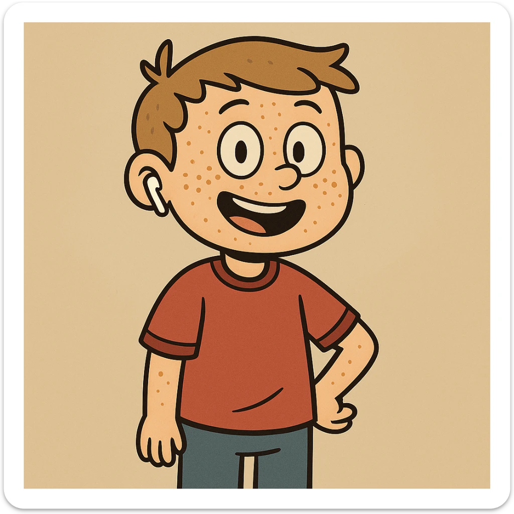 Add freckles to the boy's face and one AirPod in his right ear, keep the cartoon style consistent with flat toon style. sticker
