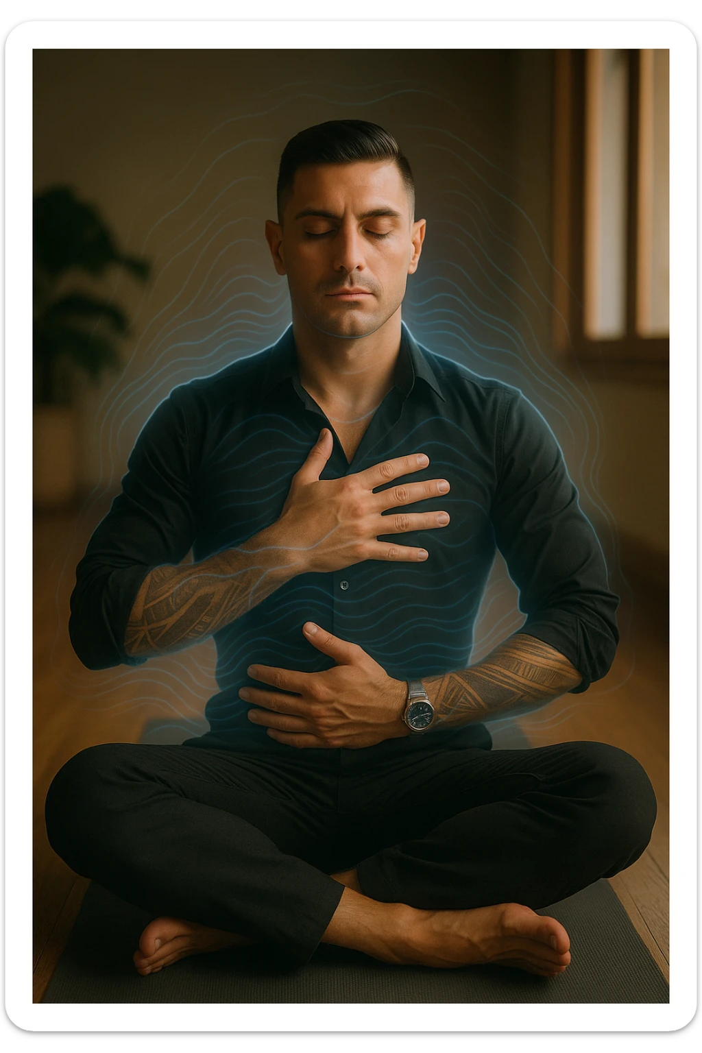 A highly realistic, cinematic portrait of a man in his early 30s with a calm, focused expression, sitting cross-legged on a yoga mat in a softly lit room. His eyes are closed, and he is performing deep diaphragmatic breathing, with one hand resting on his chest and the other on his abdomen, visibly rising and falling with each breath. A subtle glow or faint blue light outlines his body, symbolizing calm energy and nervous system regulation. Around him, faint symbolic waves or flowing lines in blue tones represent the breath calming the autonomic nervous system, while a soft warm light from a window illuminates his relaxed face. The atmosphere is peaceful and grounded, with warm natural tones and a clean, minimalist setting, evoking the feeling of inner calm and nervous system reset through conscious breathing. Style: 35mm hyperrealistic film photography, soft depth of field, warm lighting with clear focus on the man's peaceful face and breathing posture sticker