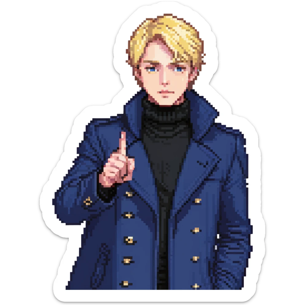 Flat pixel art, bold and charismatic male leader, Caucasian, short neat blonde hair, sharp eyes, indigo coat over black turtleneck, one arm raised pointing out, waist-up, front-facing sticker