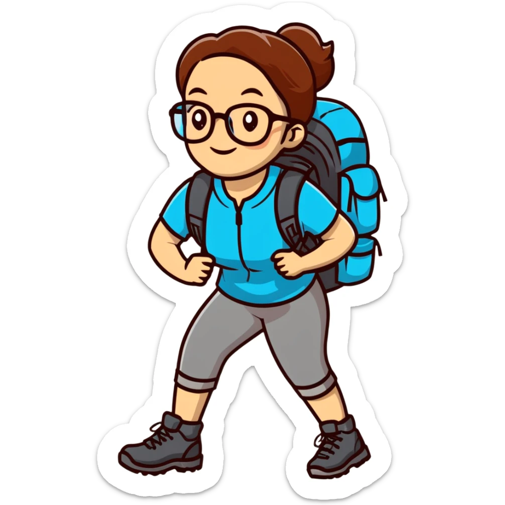 Woman in her late 30s with glasses wearing sporty outfit, hiking boots, and backpack looking happy and curious sticker
