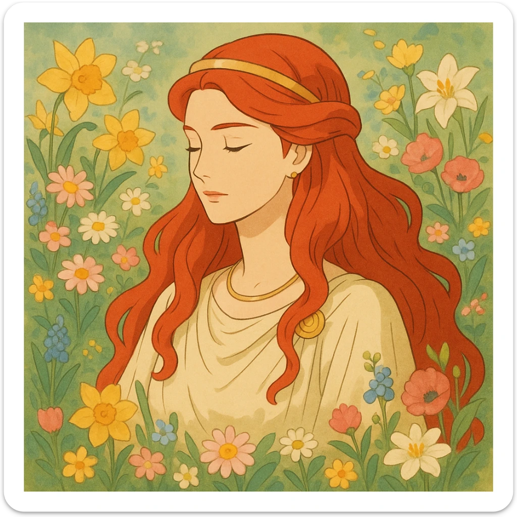 Persephone with vibrant red hair, surrounded by spring flowers, gentle and regal, mythological theme sticker