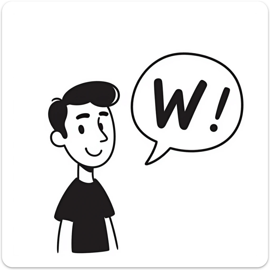 cheerful Hispanic teen with short black buzzcut, clean-shaven, speech bubble saying 'W' sticker