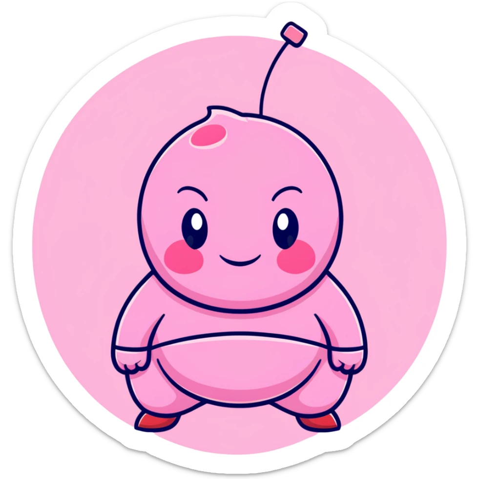 Majin Buu from Dragon Ball Z, pink round body with holes, antenna on head, innocent smile sticker