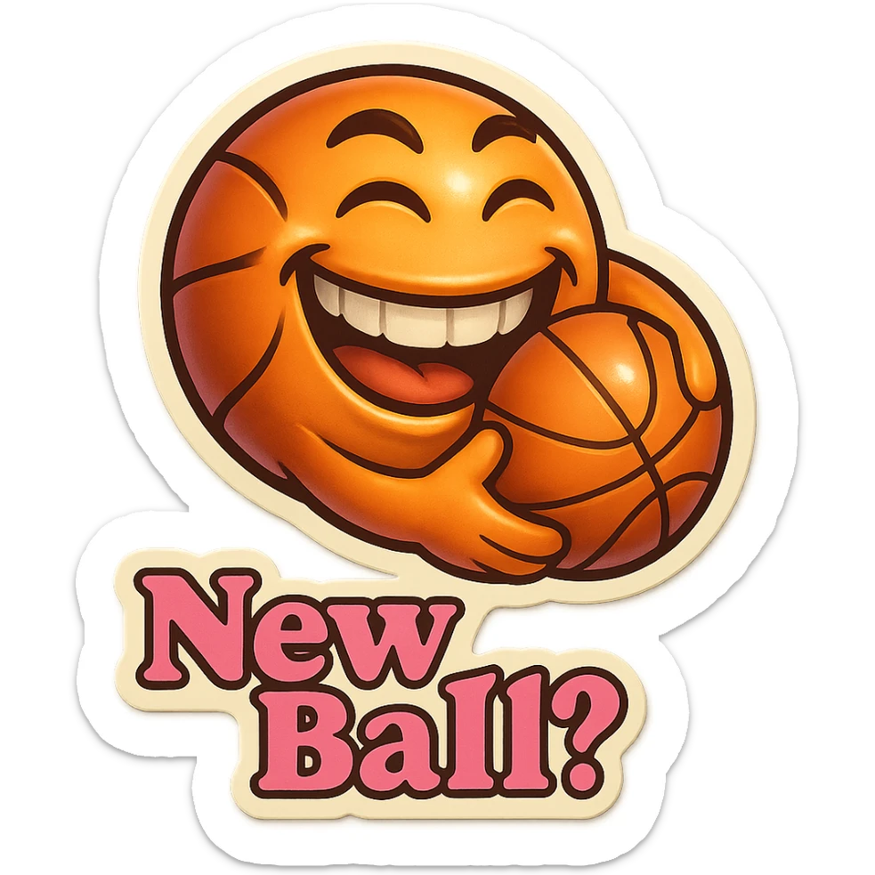 Grin golding a Basketball
add the words New Ball? in pink sticker