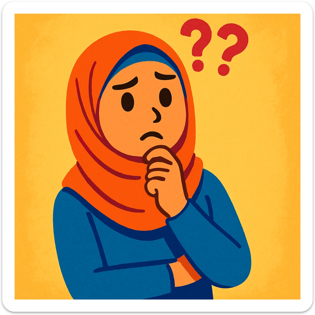 young woman in hijab, looking uncertain, with '??' above her, colorful and friendly sticker
