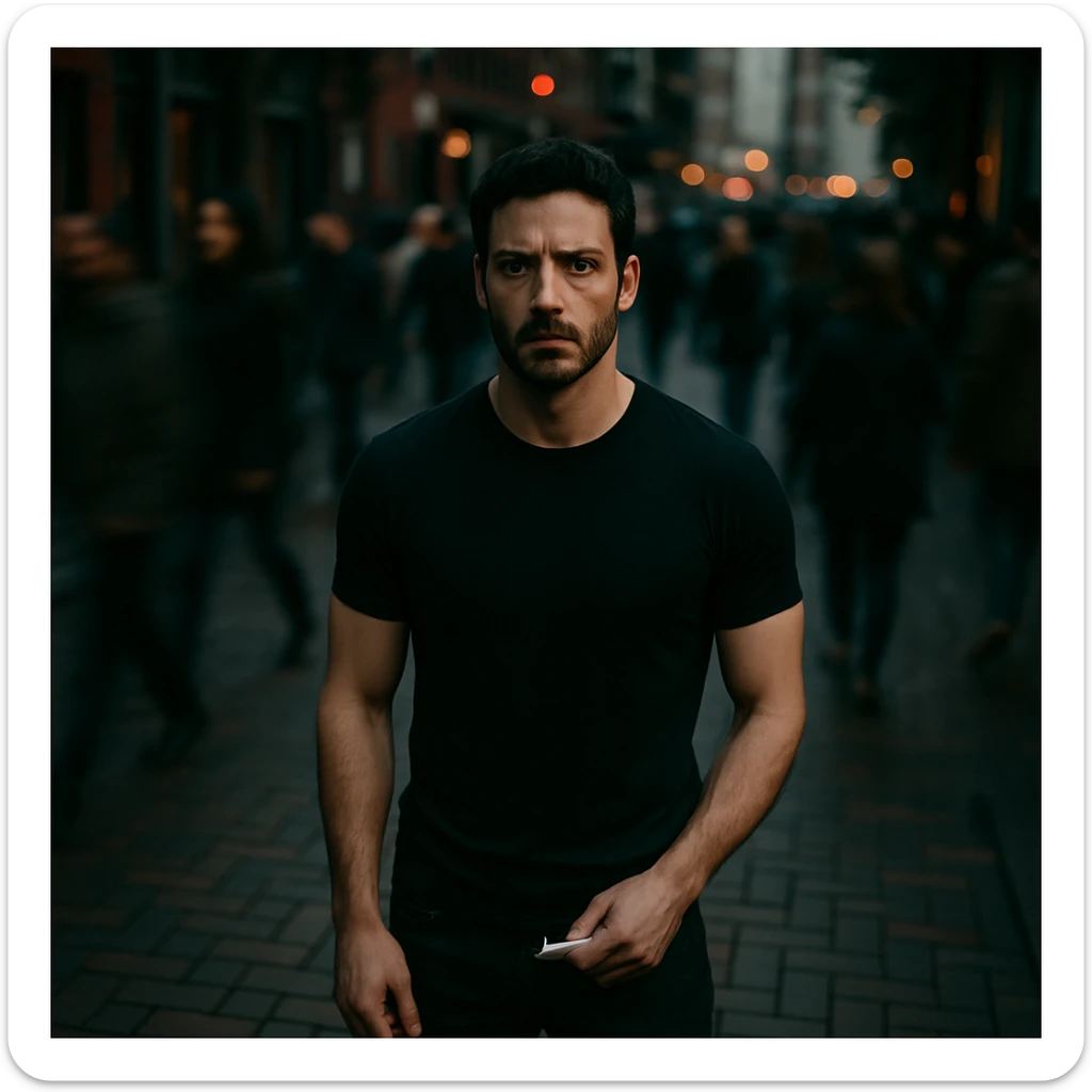 Cinematic overhead shot, no headphones, black shirt, athletic and fit subject from the reference image, standing still on a brick city sidewalk. Motion-blurred crowd, moody lighting, 35mm film look, shallow depth of field, sharp focus. Urban, cinematic. Render in a style suitable for cinematic photography with moody lighting and shallow depth of field. sticker