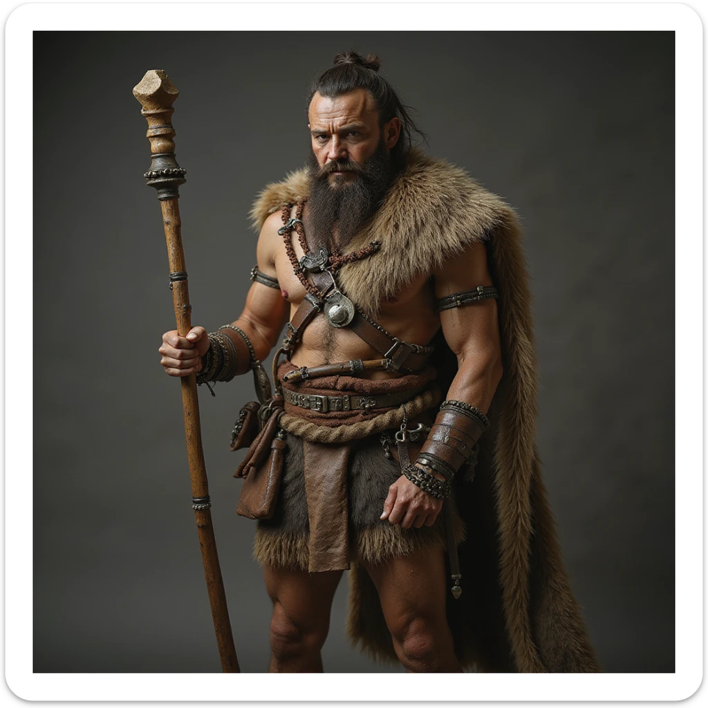 ancient hunter with animal skin clothing and wooden club, photorealistic style sticker