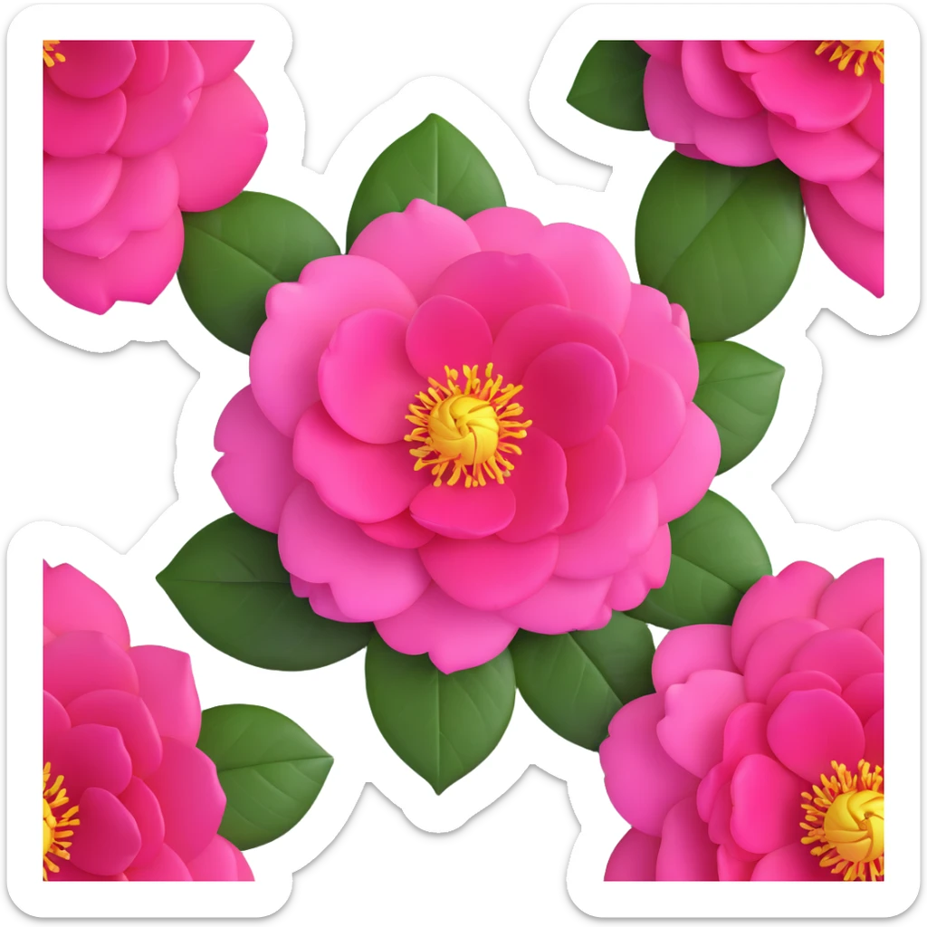 Detailed pink camellia flower with perfectly arranged petals and shiny dark green leaves sticker