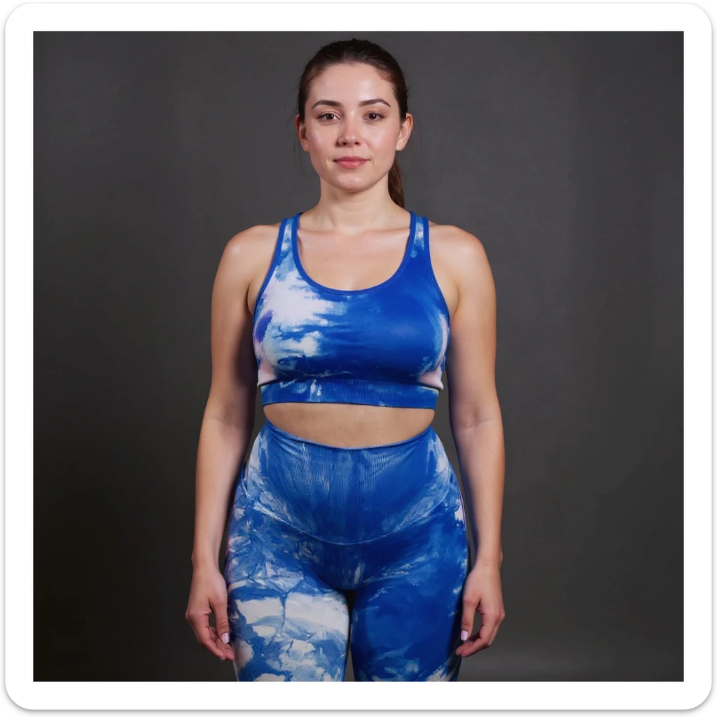 Realistic style image of a woman in sportswear inspired by the reference photo, showing evident water retention and visible swelling on the ankles and calves, natural pose, neutral background. sticker