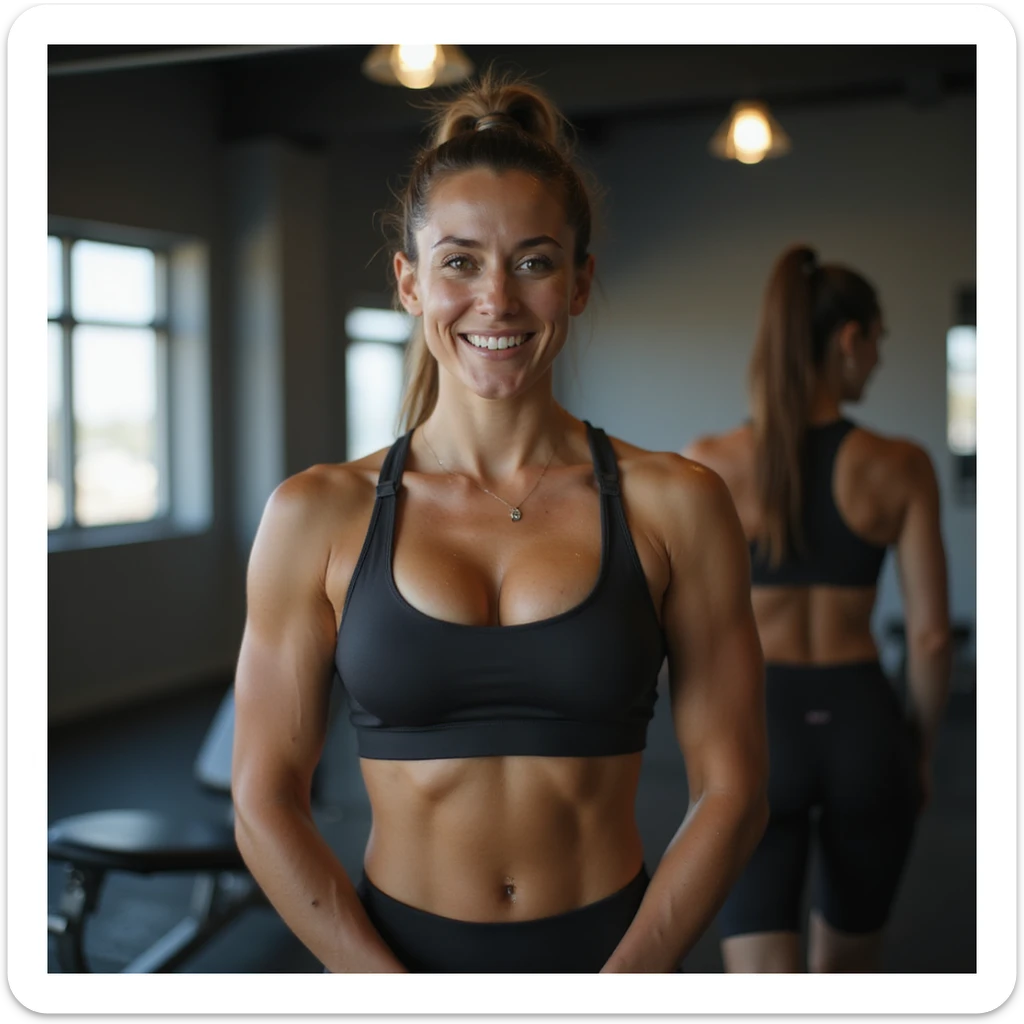 hyperrealistic 4K image of a proud woman showing her toned muscles in sportswear, posing confidently in front of a gym mirror, motivational atmosphere, detailed fitness progress sticker
