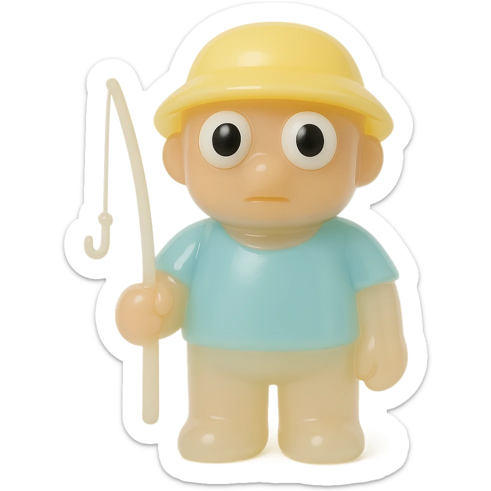 full-body fisherman, retro 90's toy style, very transparent and slightly see-through, natural tan skin, blue shirt, yellow hat, large round derpy eyes like reference turtle, soft plastic texture, soft reflections, soft and squishy, some cloudiness, not shiny, highly detailed, appealing, no tag, no background sticker