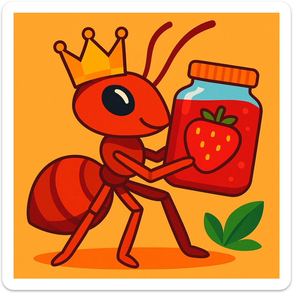 regal ant with a golden crown, clutching a jar of strawberry jam, cartoon style sticker