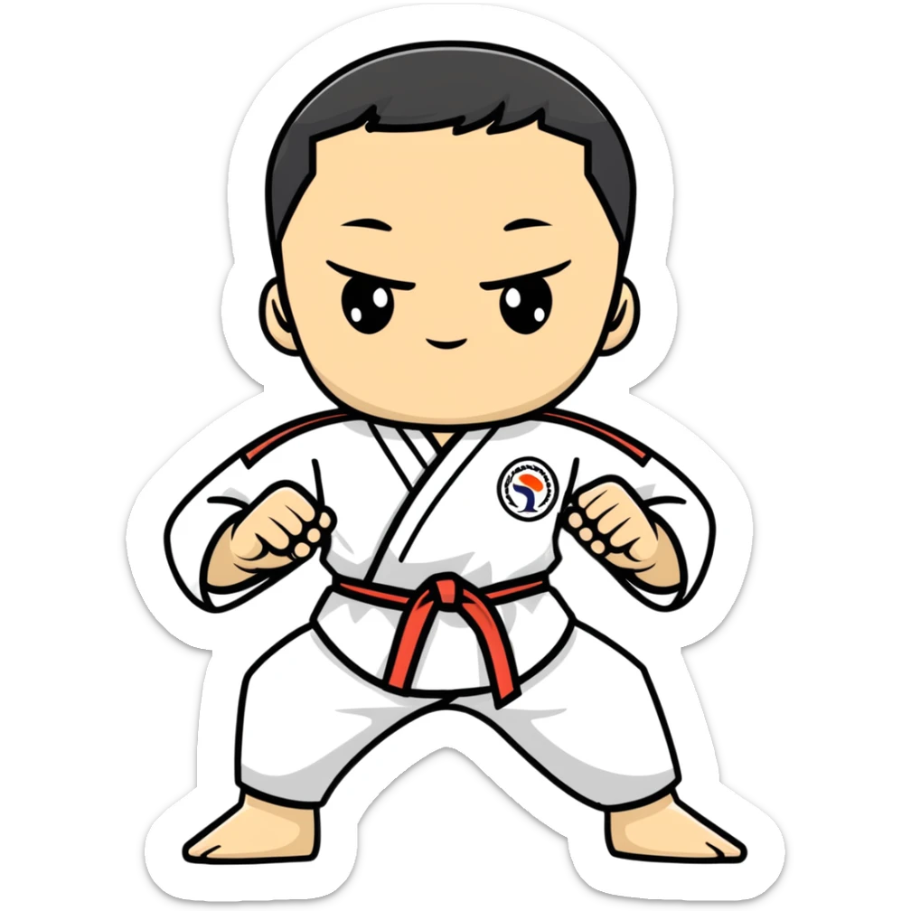 teenage boy or girl in a traditional Tae Kwon Do stance with a white dobok uniform sticker