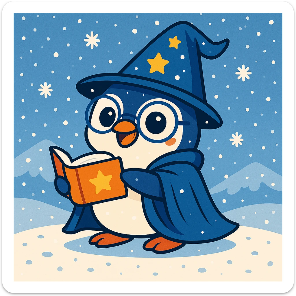 Add falling snowflakes to the scene with the playful penguin wizard and snowy background, keeping the fun and friendly style. sticker