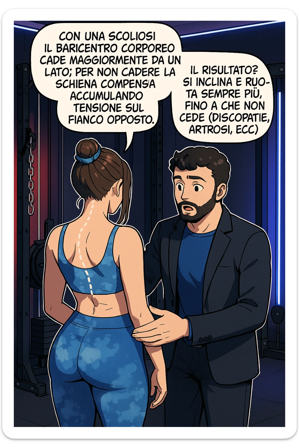 fai questa immagine in versione manga/webtoon a colori, il manga mostra la donna di spalle, mentre l'uomo le tocca la spina dorsale per spiegarle come funziona la scoliosi:
Con una scoliosi il baricentro corporeo cade maggiormente da un lato; per non cadere la schiena compensa accumulando tensione sul fianco opposto.
Il risultato? Si inclina e ruota sempre più, fino a che non cede (discopatie, artrosi, ecc) sticker