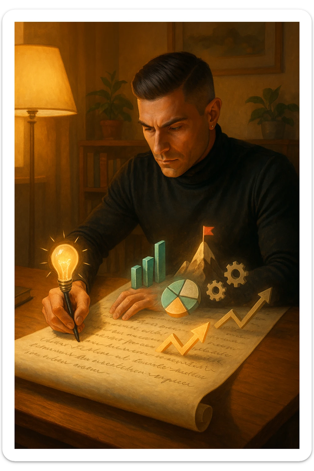 Un uomo concentrato, seduto alla sua scrivania in una stanza con luce calda, sta scrivendo su un enorme foglio di carta che si espande magicamente davanti a lui. Mentre scrive, le parole si trasformano in elementi visivi tridimensionali che rappresentano le soluzioni ai suoi problemi in italiano sticker