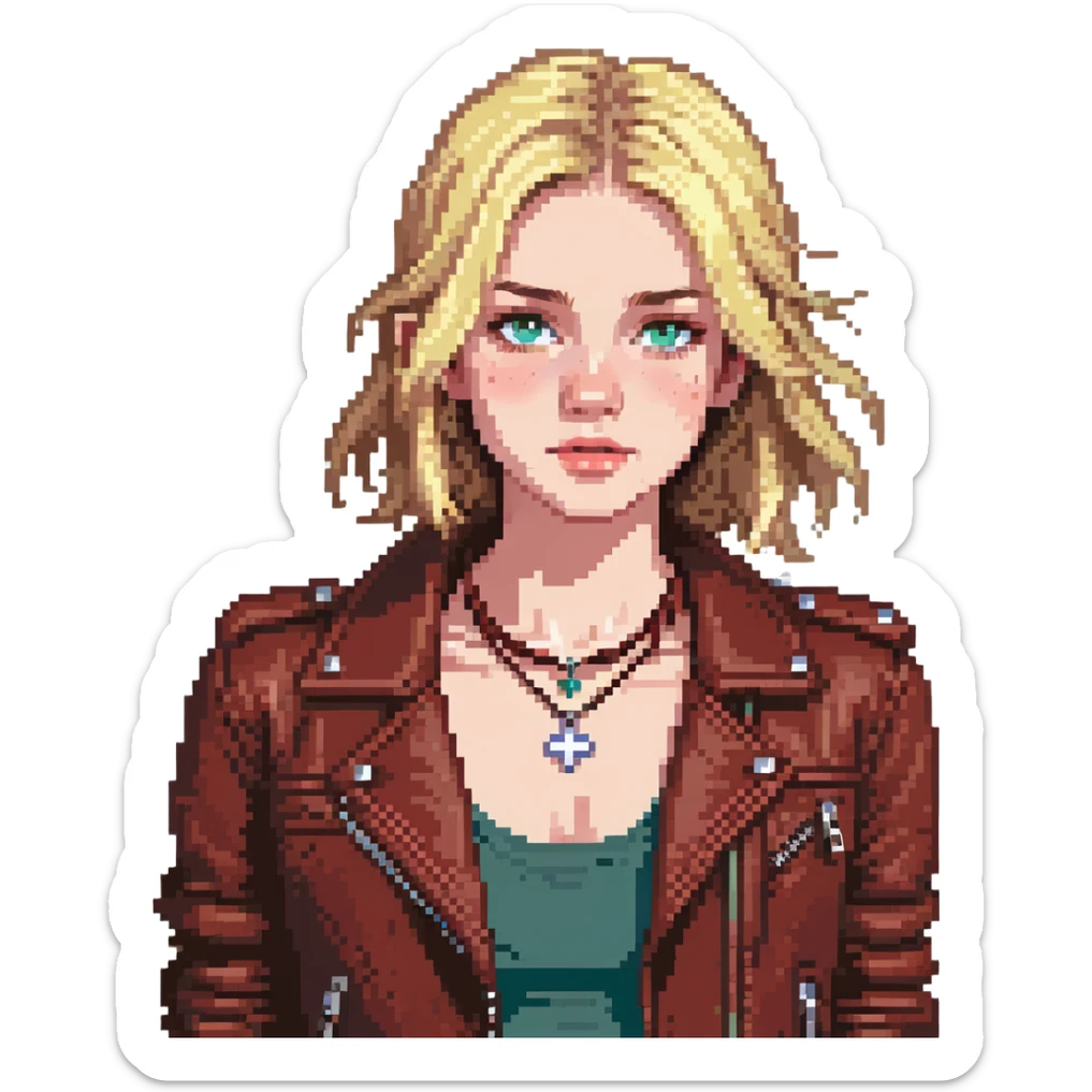 14-year-old girl with choppy blonde hair, longest layers to armpits, shortest at mouth, middle part, light freckles, blue eyes, slightly defined cupid's brow, tight dark red top, brown leather jacket, necklaces sticker