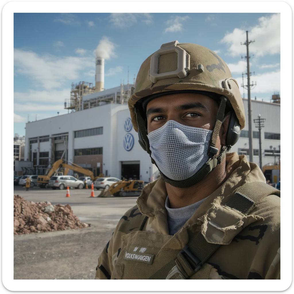 Realistic Volkswagen factory exterior, large industrial building with Volkswagen logo, parking lots filled with cars, factory grounds with machinery and equipment, realistic lighting and shadows, industrial atmosphere, workers in uniforms walking around, camouflage colors sticker