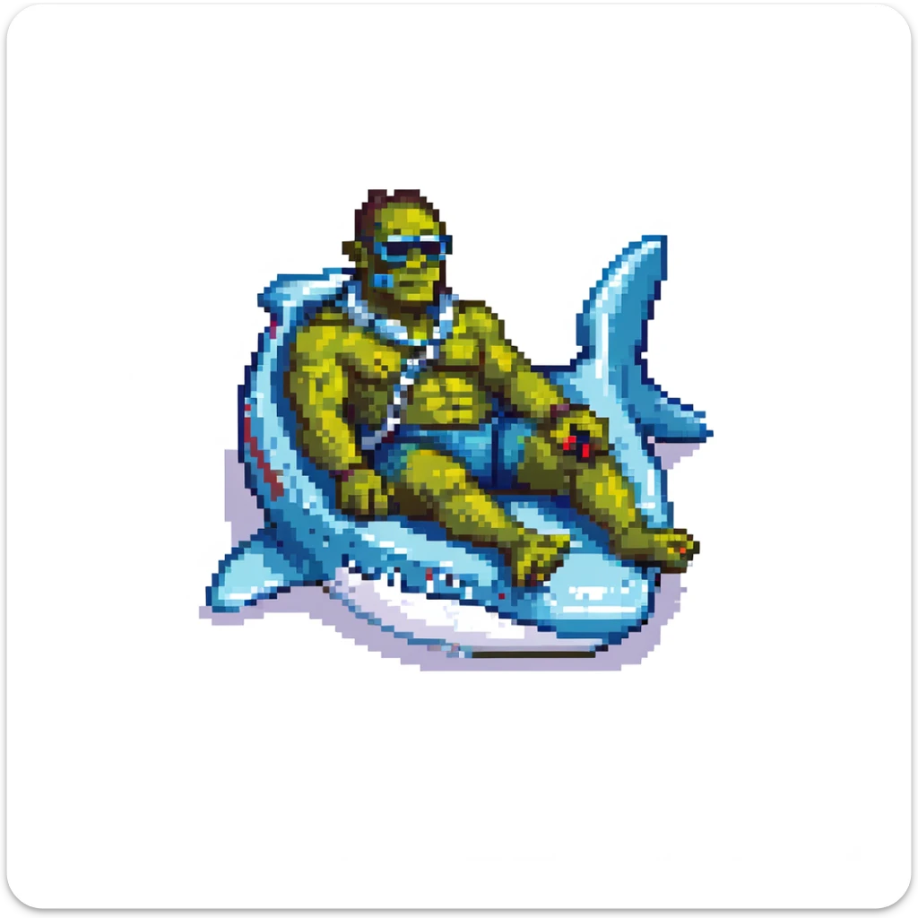 orc male lounging in a shark floatie, oversized sunglasses, whistle on neck cord, pixel art style sticker