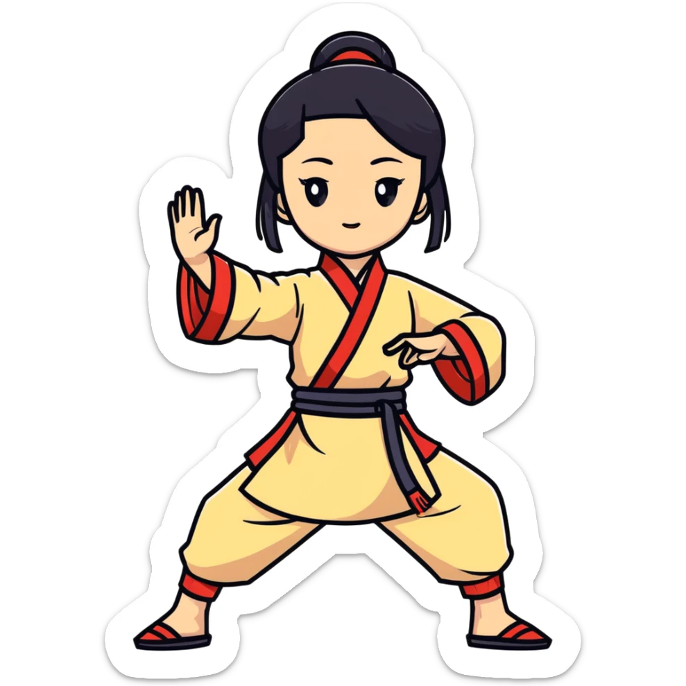 lightskin young girl with black straight hair and dark eyes, taichi, traditional outfit sticker