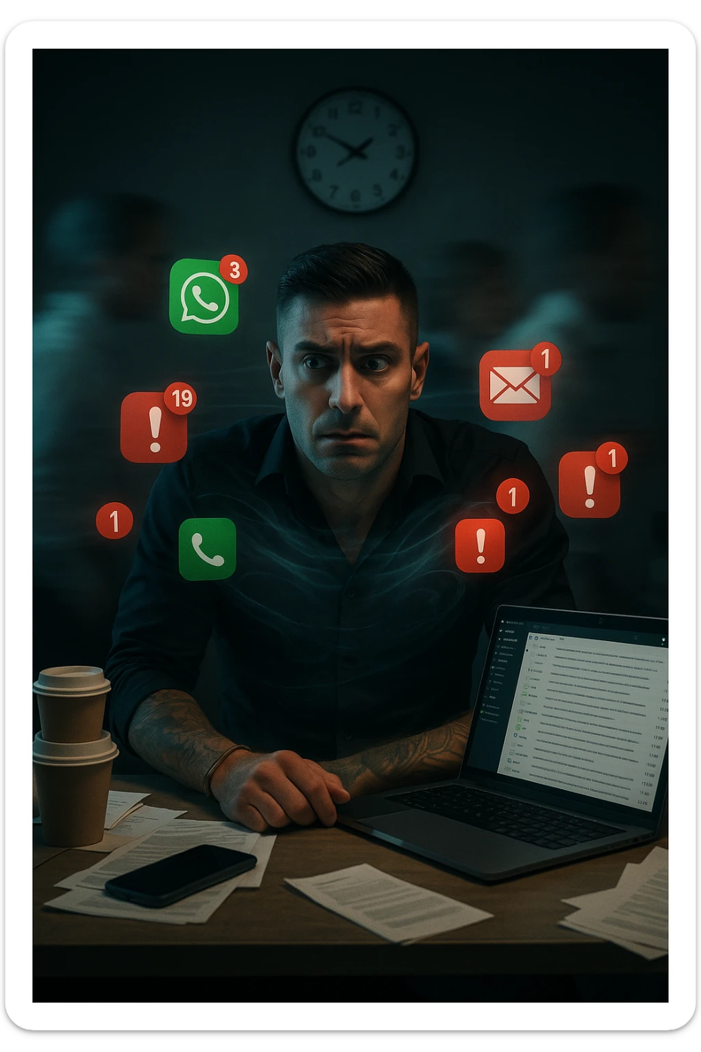 A highly realistic, cinematic portrait of a young man in his early 30s with a tired, tense expression, sitting at his modern office desk surrounded by multiple smartphones with glowing notification bubbles (WhatsApp, emails, alerts) hovering around him like aggressive neon icons. His posture is hunched, shoulders raised, eyes slightly wide, and jaw clenched, representing constant hyper-vigilance and stress. The environment is a cold, cluttered workspace with a laptop displaying endless emails and Slack notifications, coffee cups stacked nearby, and a clock showing late hours, symbolizing the relentless pace of modern work life. Behind him, ghostly blurred figures rush by in a fast-motion effect, representing the constant rush and societal pressure. A faint, tight grey aura wraps around his chest and head, symbolizing blocked breathing and mental tension, while faint blue light tries to push through, representing the body’s desire to find calm. The lighting is harsh and cool, with a 35mm hyperrealistic film style, shallow depth of field focusing on the man’s stressed face and the floating notifications, illustrating the modern trap of always being on alert. sticker