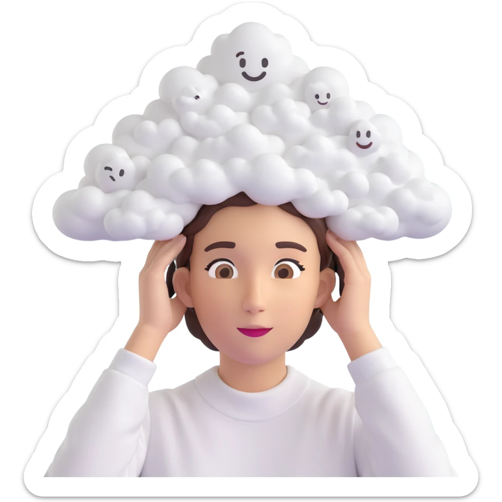 person up to shoulders entirely composed of 3d emoji clouds, clouds form the silhouette, realistic illustration sticker