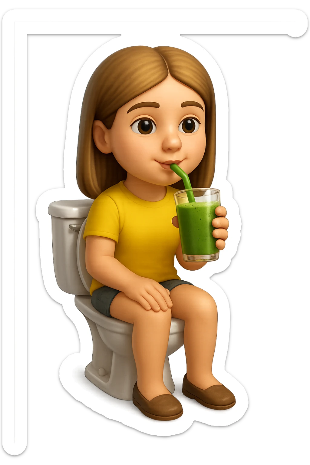 emoji stile iphone di una donna seduta sul wc che beve uno smoothies verde, iperrealistico 4k sticker