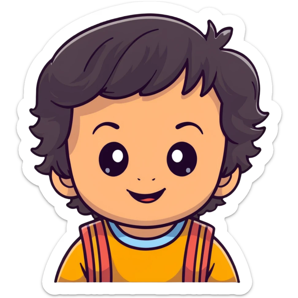smiling toddler face with big eyes, medium skin tone, and dark wavy hair sticker