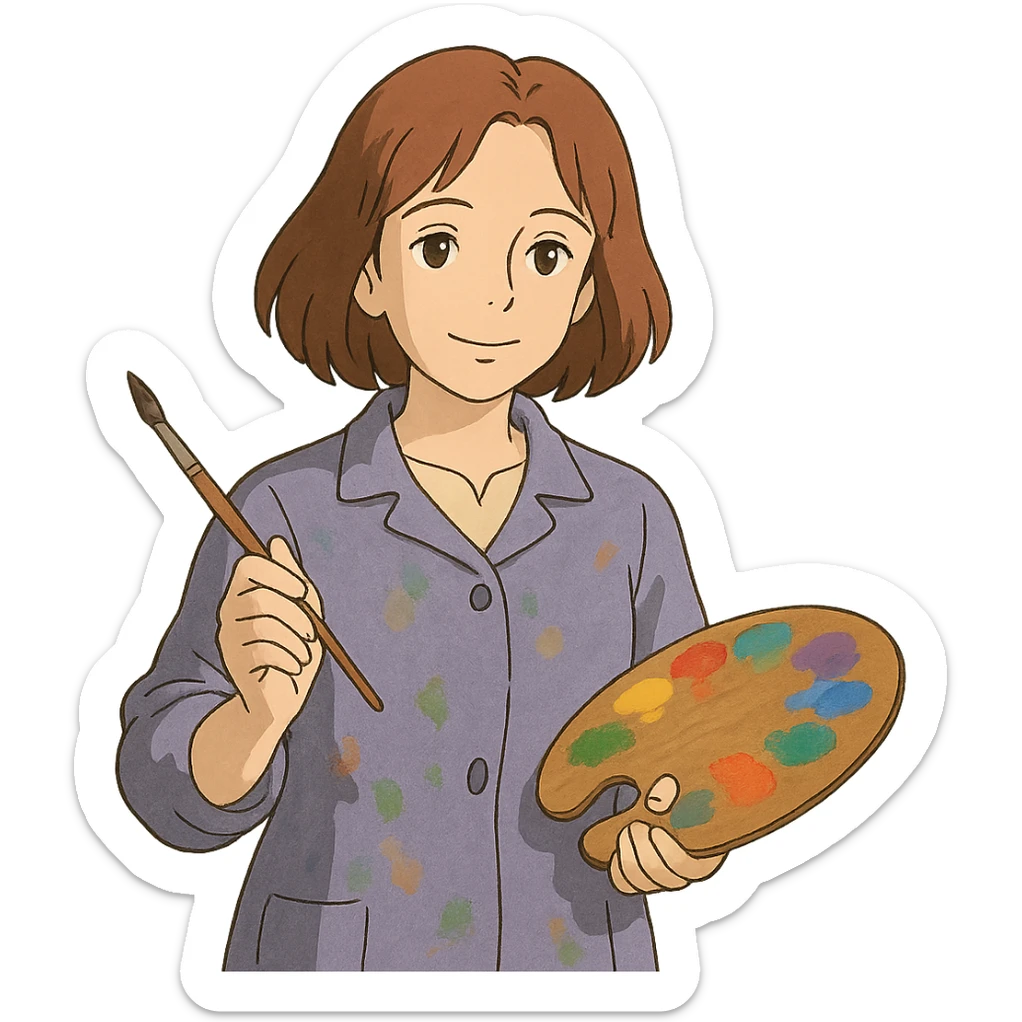 Serene female oil painter, Caucasian features, shoulder-length auburn hair, soft brown eyes, gentle smile, wearing a violet painter’s smock lightly stained with paint over a beige blouse, holding a wooden palette with vibrant colors in one hand and a brush in the other, waist-up, front-facing sticker
