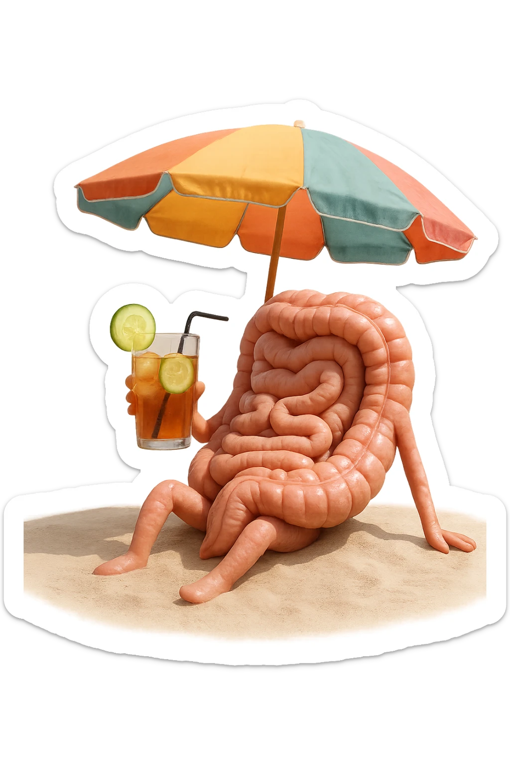 INTESTINO SEDUTO IN SPIAGGIA SOTTO L'OMBRELLONE MENTRE BEVE THè FREDDO CON CETRIOLO
IPERREALISTICO 4K sticker
