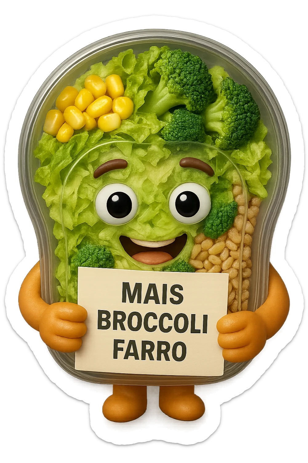 SU QUESTO STILE FAI UN EMOJI STILE IPHONE 3D DI UN INSALATA PRECONFEZIONATA DA SUPERMERCATO CON FOCUS SU ETICHETTA NUTRIZIONALE CON GLI INGREDIENTI IN ITALIANO TIPO: MAIS, BROCCOLI, FARRO, ACCANTO ALL'INSALATA CHE HA IN MANO C'è UN FOCUS SULL'ETICHETTA CON GLI INGREDIENTI SCRITTI, FALLO MOLTO REALISTICO IN 3D sticker