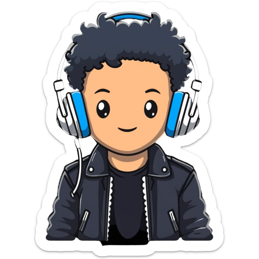 curly haired boy wearing a leather jacket and headphones music producer sticker