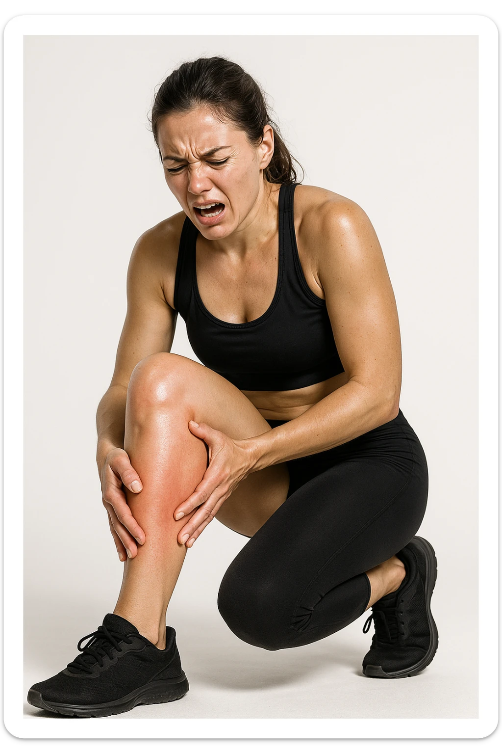 donna fitness che si tocca la gamba dolorante con espressione di dolore in volto, sente le gambe pesanti, iperrealistica 4k, sfondo bianco sticker