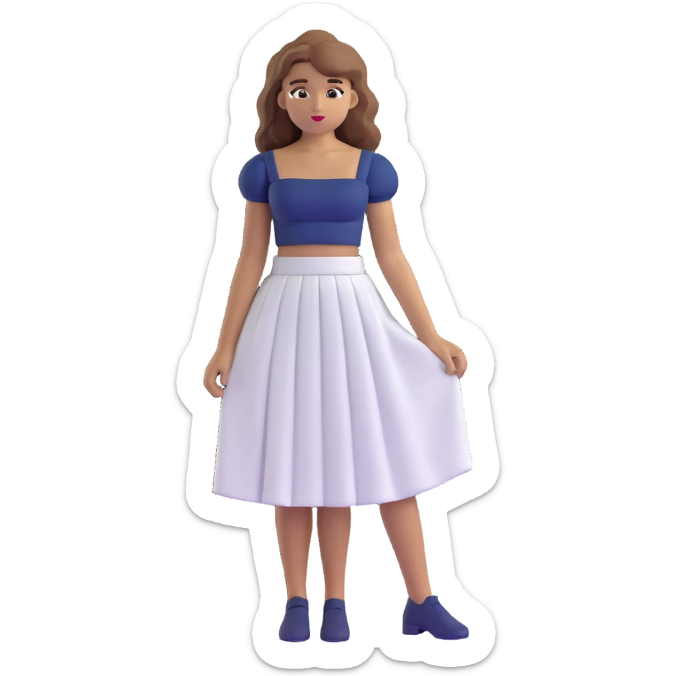 tan girl with wavy hair, white long skirt, navy blue ruched square neck crop top, hands on hips sticker