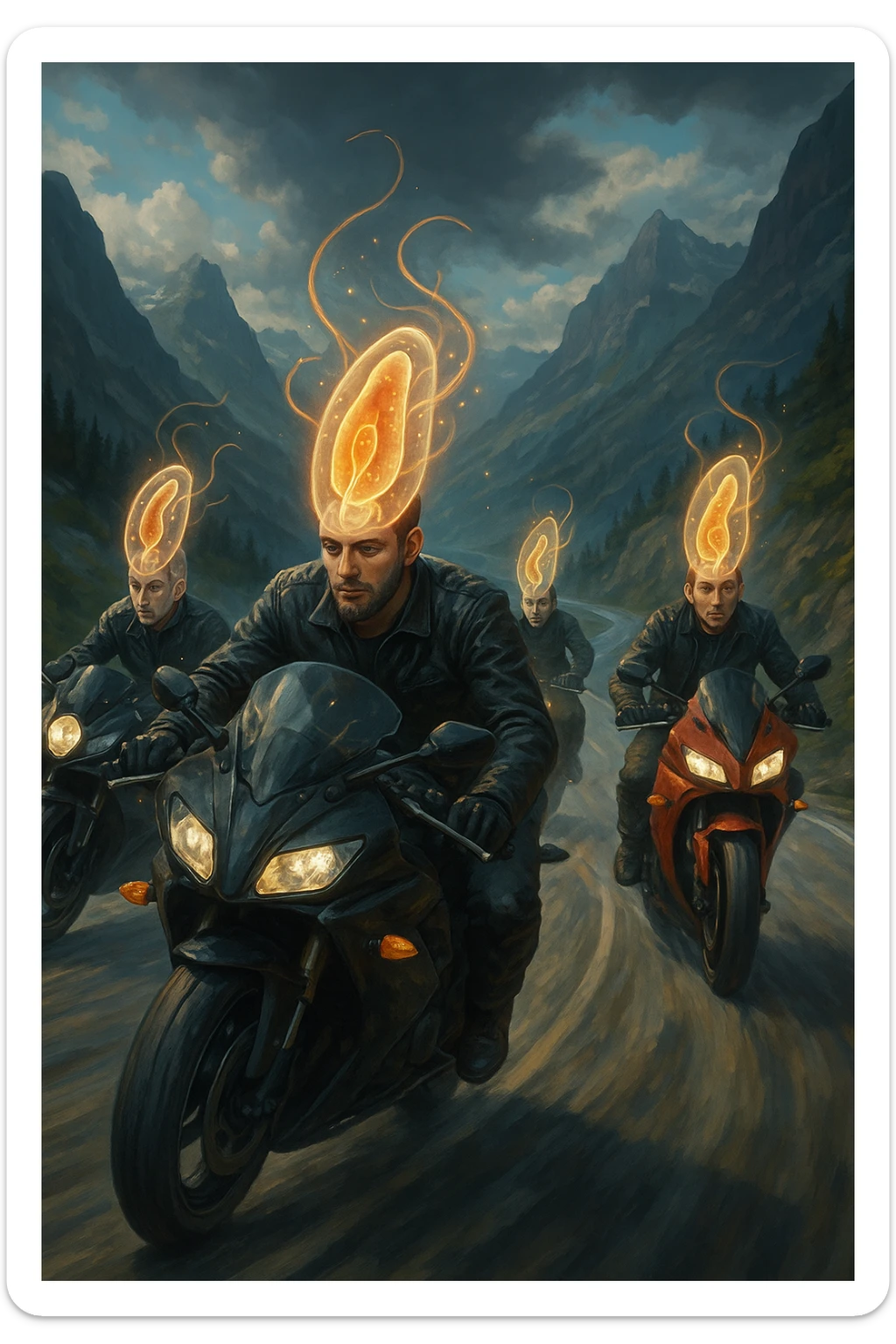 A group of motorcyclists riding aggressively along a winding mountain road at high speed. Their expressions are eerily calm and fearless. Faint, translucent parasite-like forms (symbolizing Toxoplasma gondii) overlay their heads or brains, emitting a subtle glow. sticker