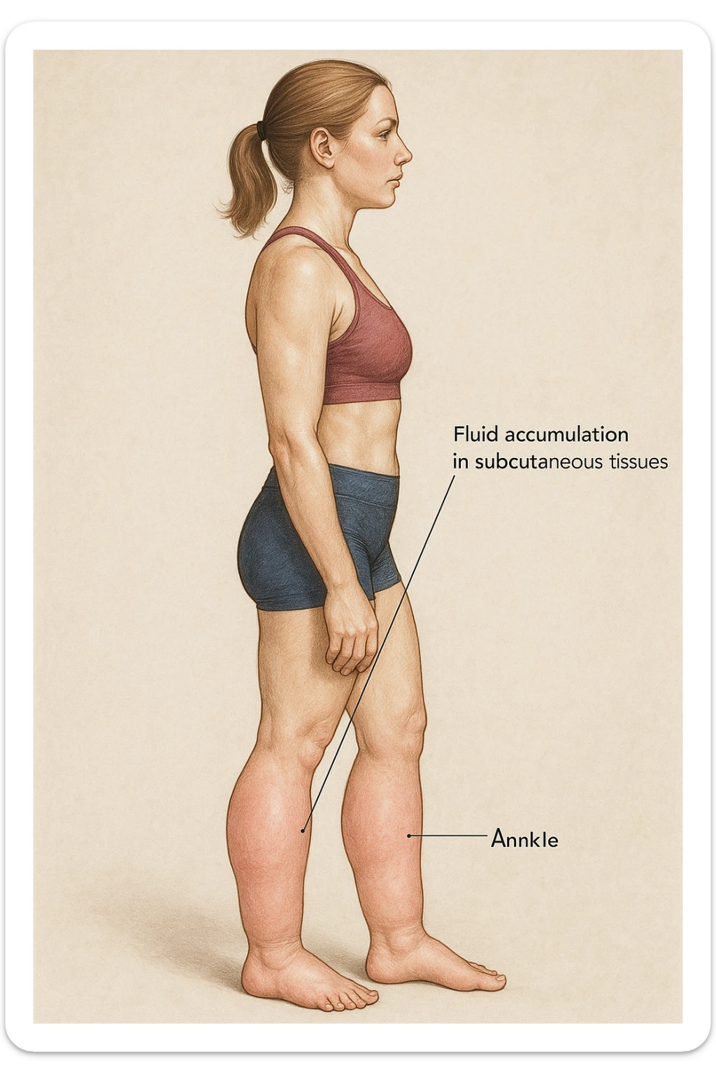 realistic anatomical illustration of a woman in sportswear, side view, showing localized swelling on calves and ankles due to water retention, highlighting fluid in subcutaneous tissues, neutral medical style background sticker