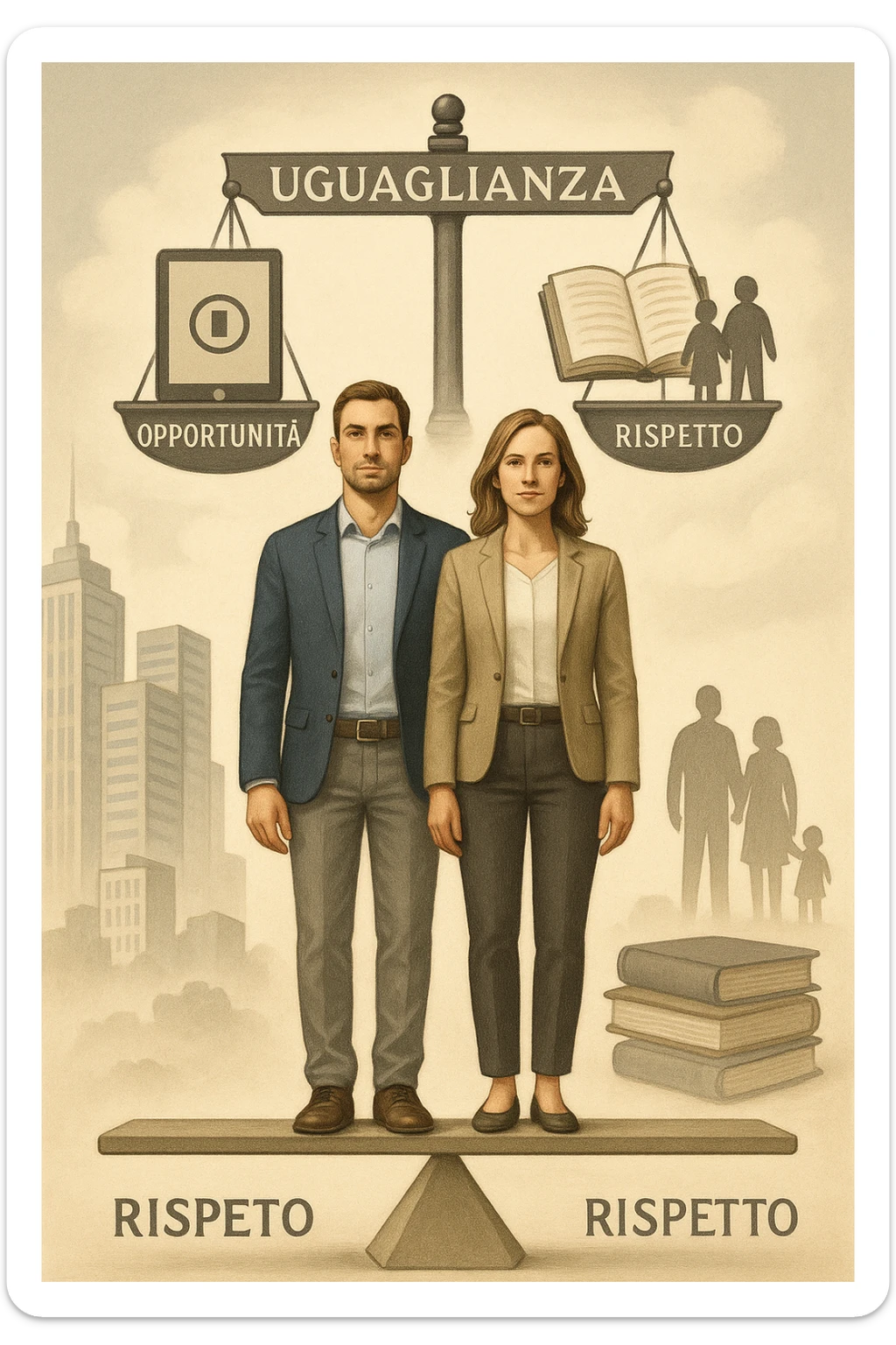 Un uomo e una donna, entrambi tra i 30 e i 40 anni, in piedi fianco a fianco su un piedistallo unico che rappresenta l’equilibrio. Indossano abiti moderni da lavoro o casual, con sguardi determinati e sereni. Sullo sfondo, simboli di società moderna: grattacieli, tecnologia, libri, famiglia. Sopra di loro, una bilancia perfettamente equilibrata con i simboli 'uguaglianza', 'opportunità', 'rispetto'. La scena è armoniosa, luminosa, con colori neutri e un tono positivo. Stile realistico con accenti simbolici in italiano sticker