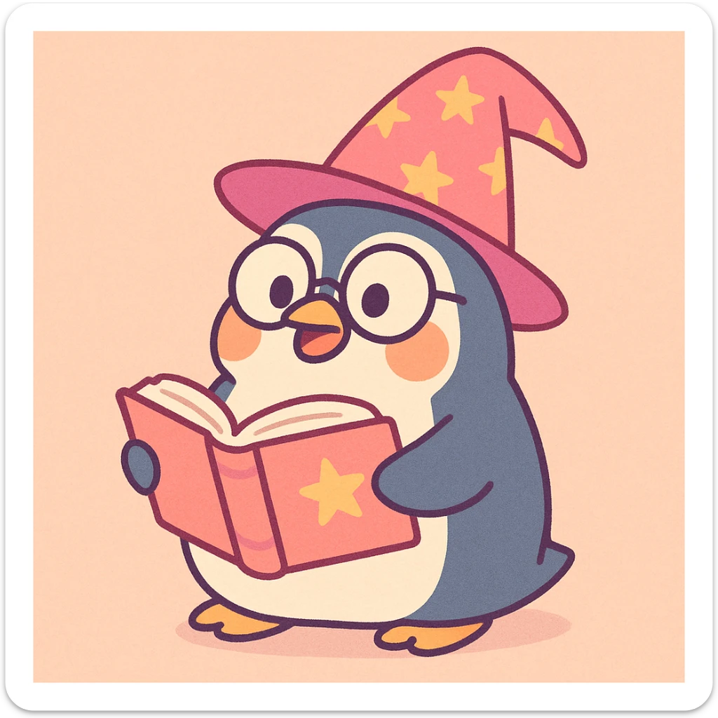 chubby penguin wizard with glasses, holding an open spellbook, soft pastel style sticker