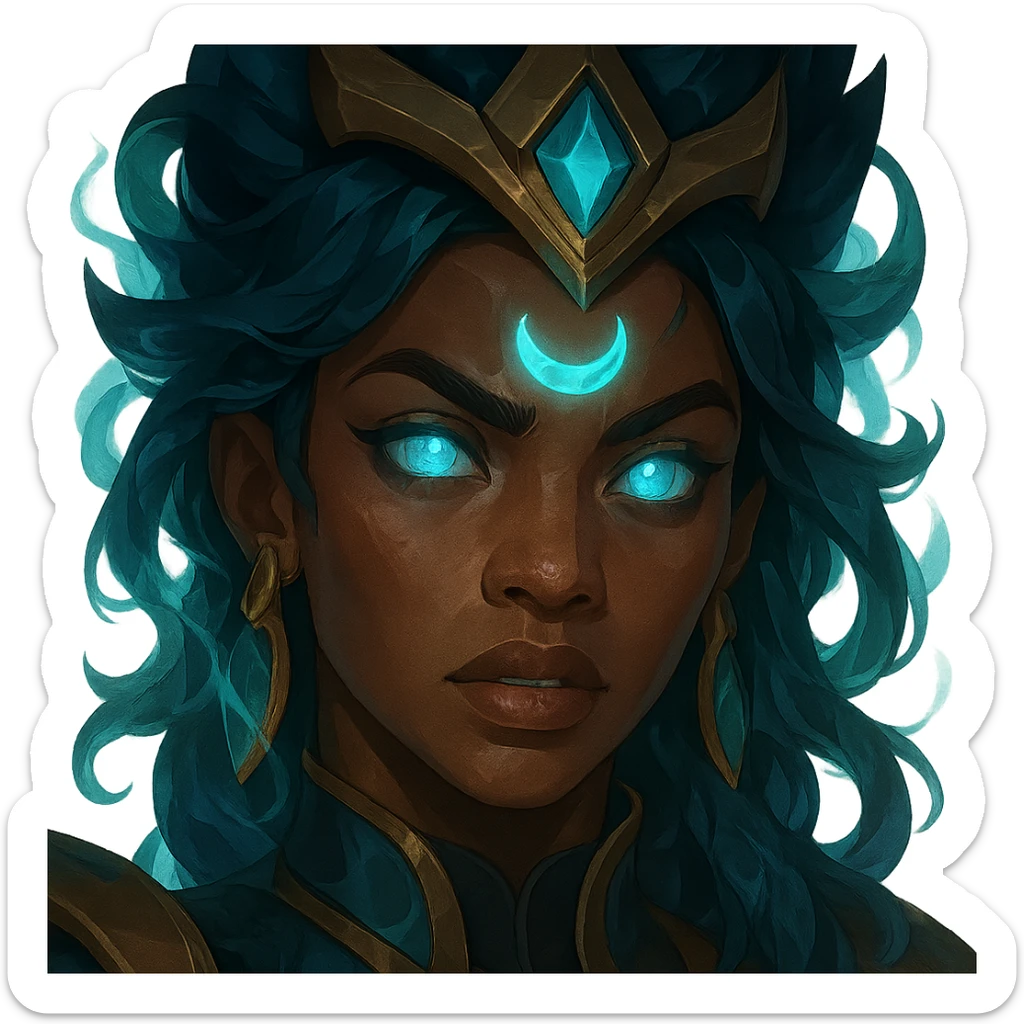 close-up of a League of Legends character face, diverse ethnicity, mystical aura, intricate details, game art style sticker