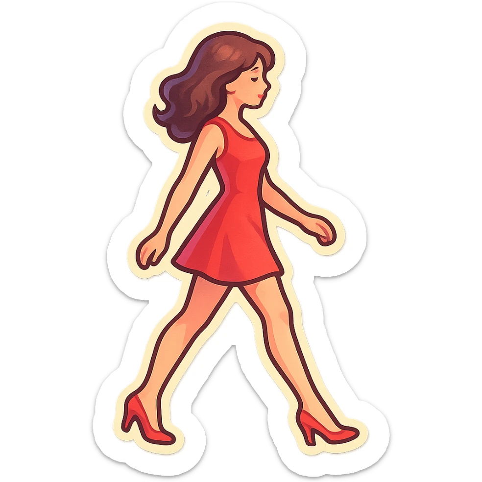 A girl walking from left to right, side view, wearing a short red dress and high heels, retro-stickers style, thin clean contours, soft rounded shapes, detailed drawing with shadows and highlights, pastel palette #98B5BC, #B5B3C1, #C9A3C9, #E4C0CA, #F7DCD1, #F7C0AA, modern Japanese pop art, soft lighting, transparent background, no extra decoration, focus on movement and elegance. sticker
