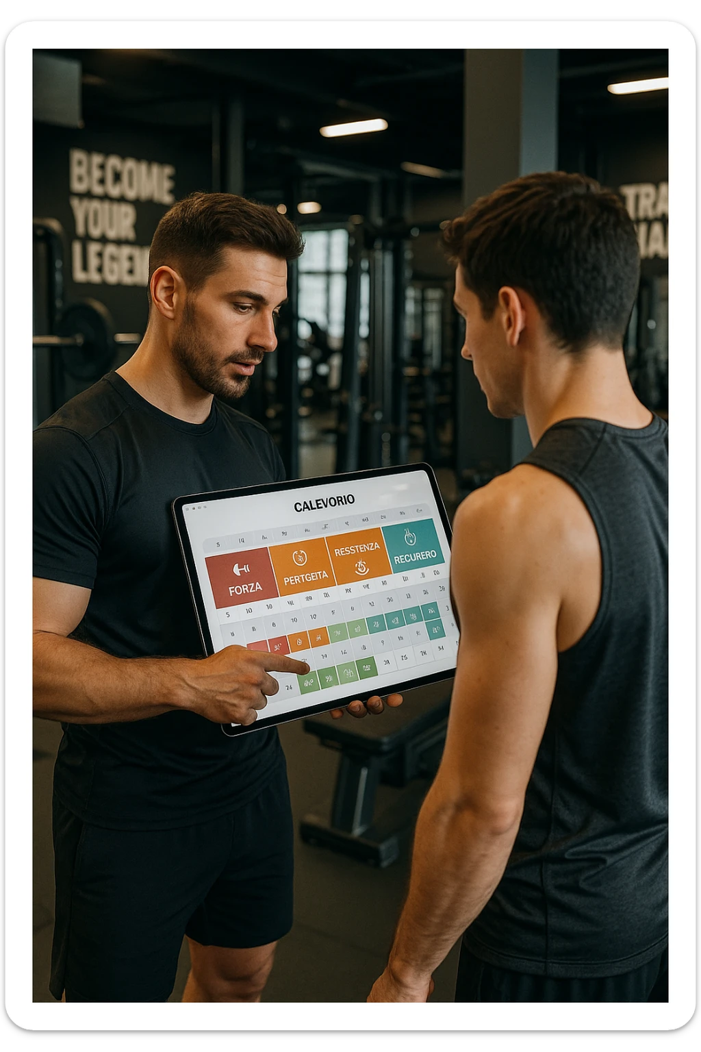 realistic cinematic photo a personal trainer and a client stand in a modern gym, reviewing a large, color-coded training calendar or chart on a tablet. The calendar shows different phases (Forza, Ipertrofia, Resistenza, Recupero) with icons and dates. Around them, gym equipment and motivational posters reinforce the idea of structured, periodized training. in italiano sticker