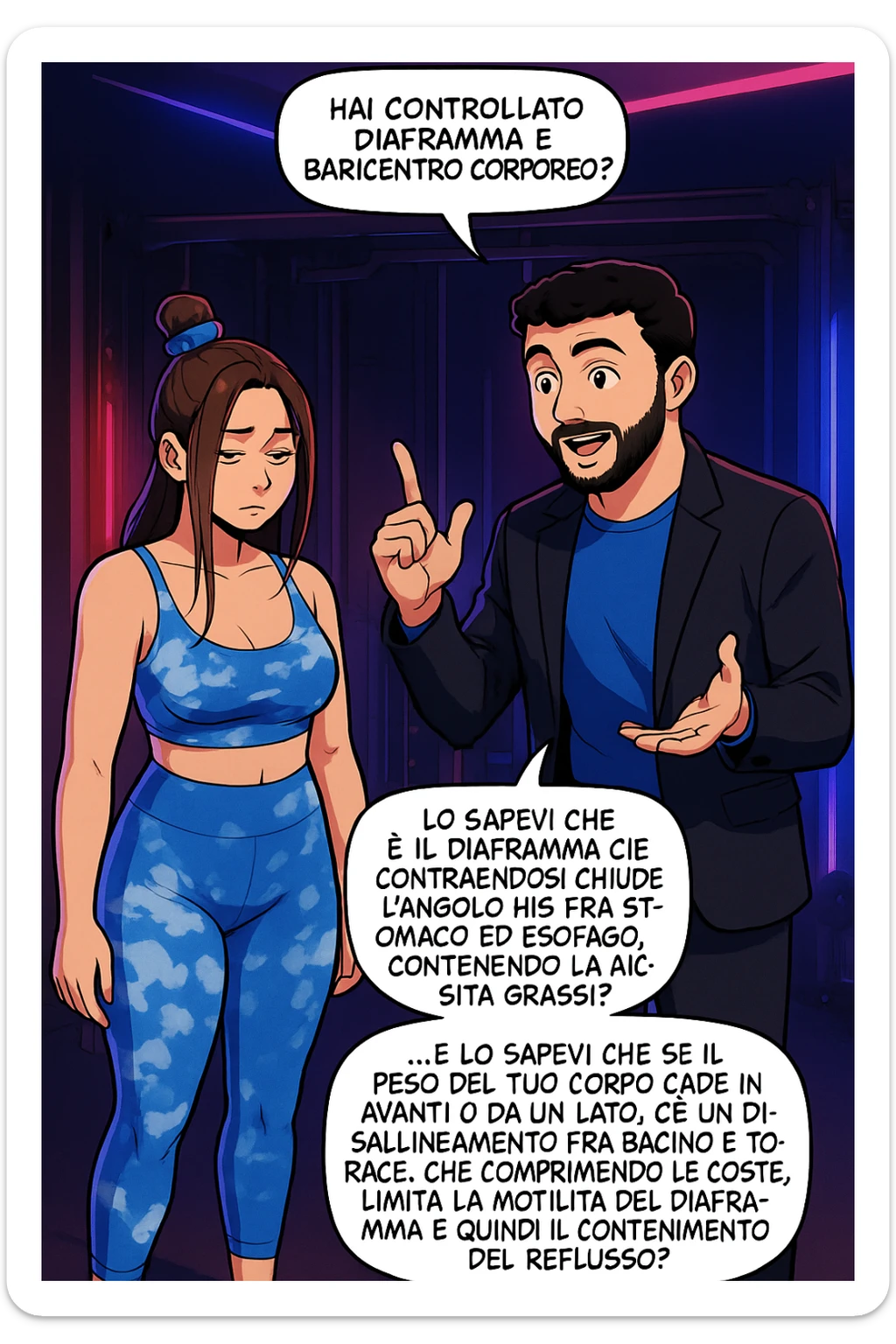 TRASFORMA QUESTO CAROSELLO IN UN FUMETTO STILE WEBTOON/MANGA A COLORI CON QUESTE DUE PERSONE IDENTICHE CHE INTERLOQUISCONO TRA LORO, L'uomo sta spiegando alla donna questo concetto:

LUI (UOMO): Hai controllato diaframma e baricentro corporeo?
LUI (UOMO): Lo sapevi che è il diaframma che contraendosi chiude l’angolo his fra stomaco ed esofago, contenendo la risalita degli acidi grassi?
LUI (UOMO): …e lo sapevi che se il peso del tuo corpo cade in avanti o da un lato, c’è un disallineamento fra bacino e torace, che comprimendo le coste, limita la motilità del diaframma e quindi il contenimento del reflusso? sticker