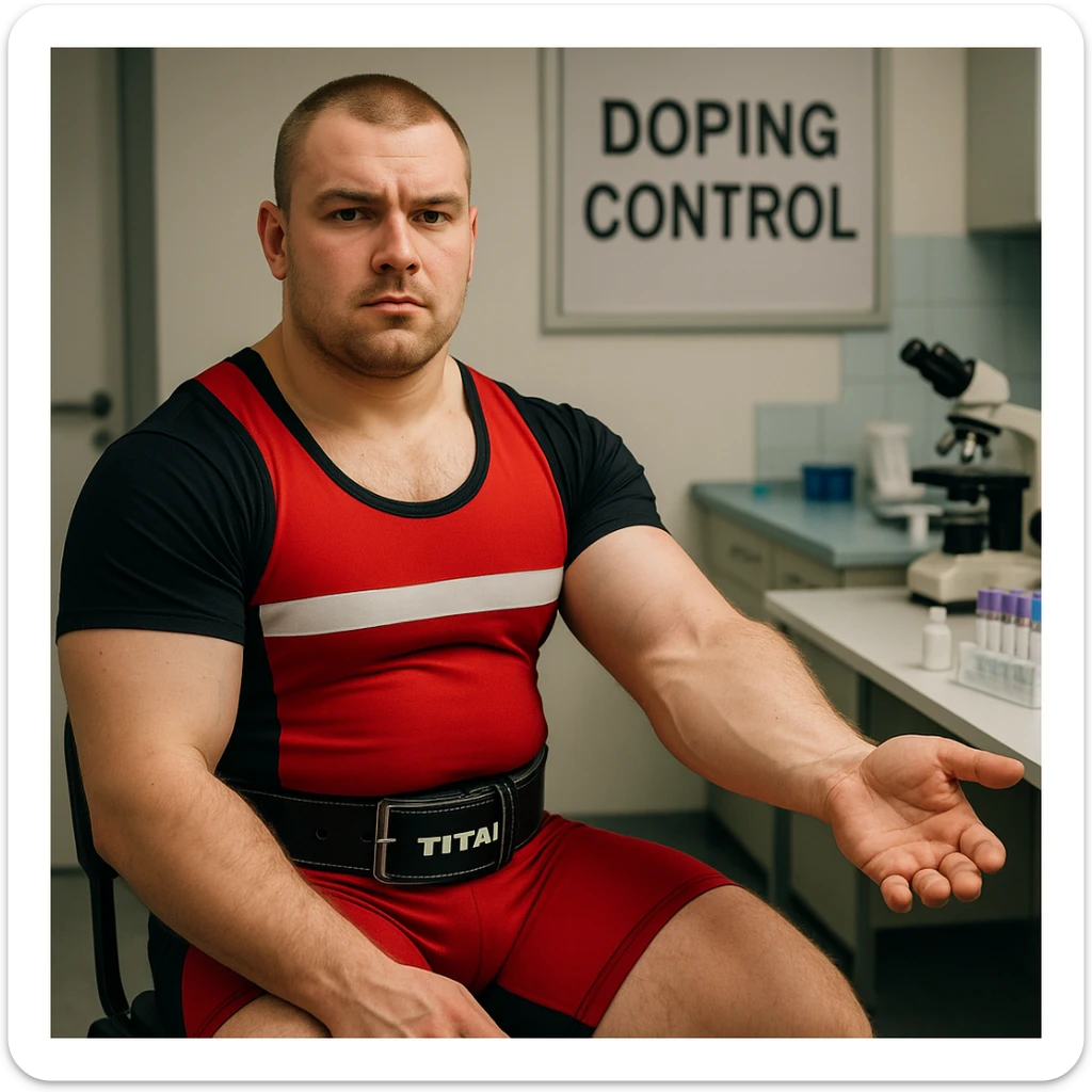 European powerlifter in federal competition showing arm for blood sampling during anti-doping control, competition clothing, laboratory atmosphere, test room background. sticker