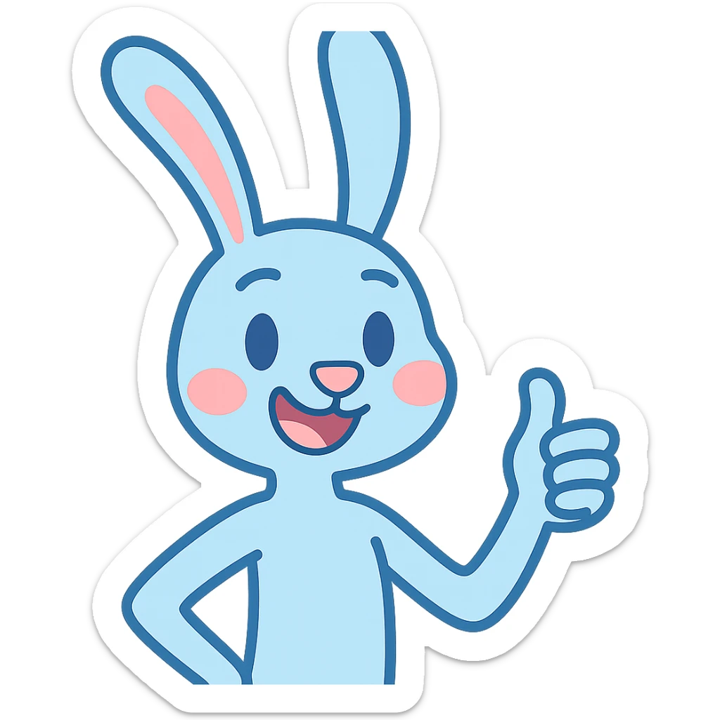 A skinny blue pastel bunny giving a thumbs up, cute, smiling, friendly, with no background. Remove the background to isolate the subject. sticker