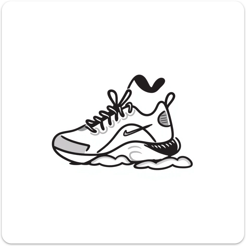 Modern athletic running shoes/trainers with details in pastel colors (dd9fb0, ffc6d3, a3bfc9, c4bee2, f1b091), hand-drawn doodle style sticker